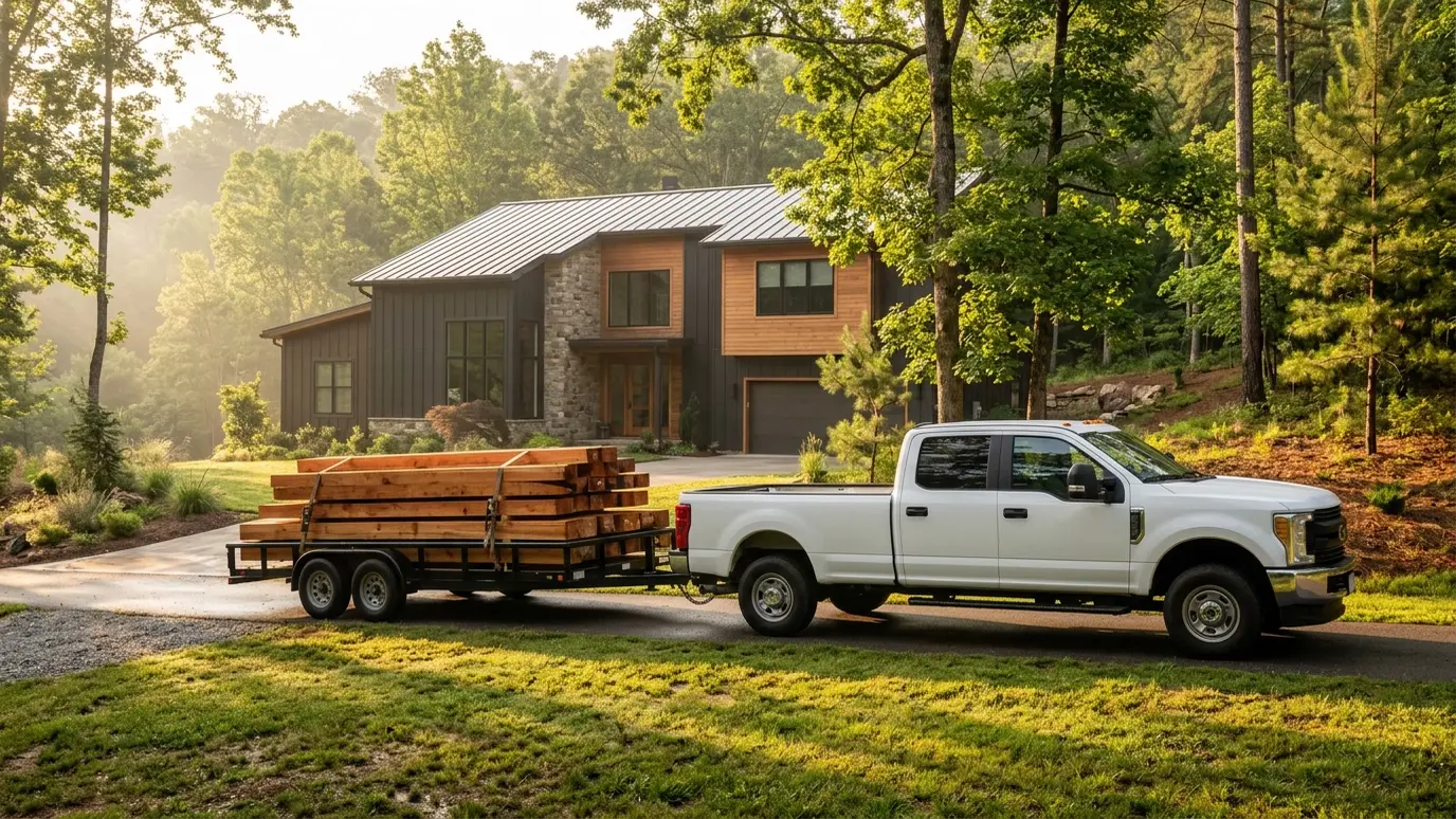 A white work truck with a trailer carrying cedar beams parked in front of a modern Tennessee home in warm morning light
