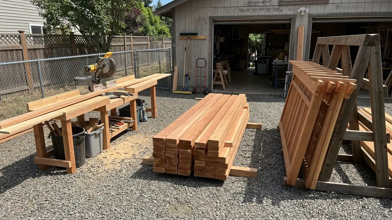 A tidy workshop yard with stacks of cut cedar beams, a miter saw station and finished pergola panels leaning on a rack in bright light