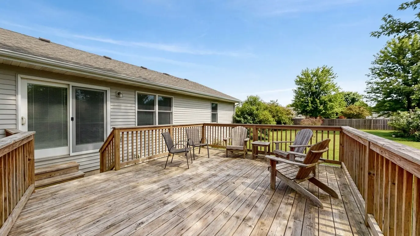Before: a backyard deck with a plain wooden deck with open sky