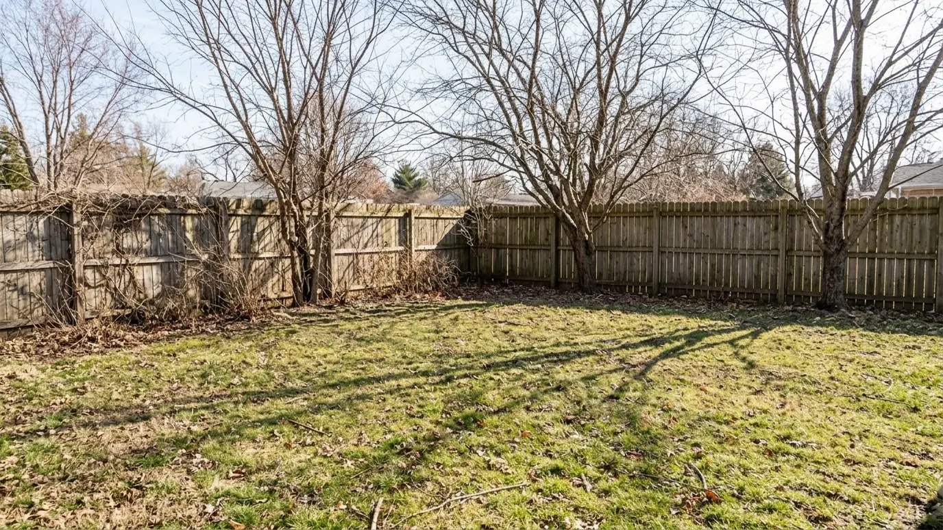 Before: a backyard corner with an empty corner of lawn with a few bare trees
