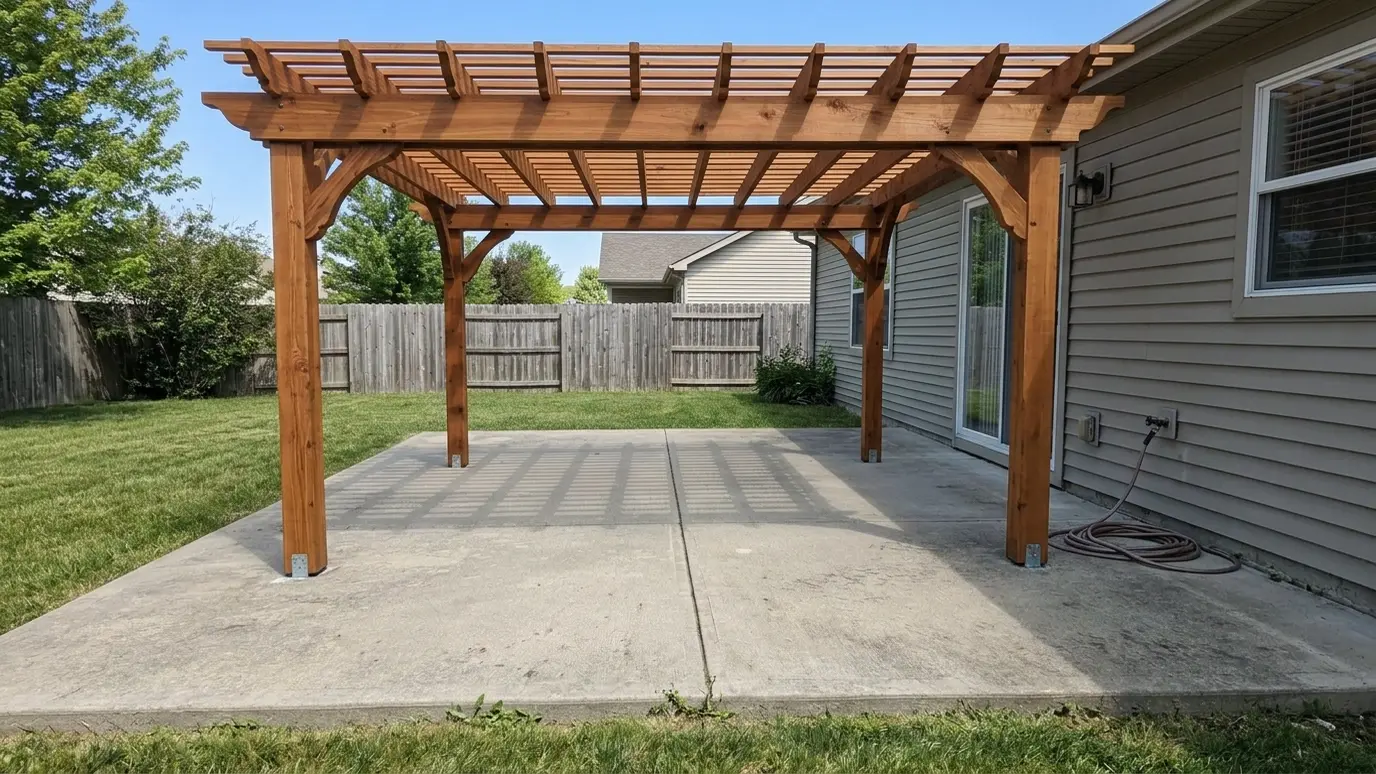 After: Bare patio gets a cedar pergola | Music City Pergola After: a backyard patio with a stained cedar pergola with a slatted roof over the patio