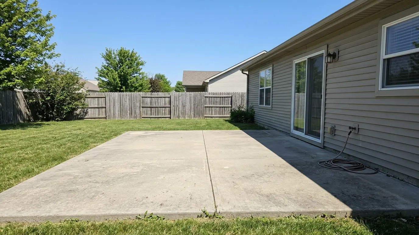 Before: a backyard patio with a bare concrete patio with no cover