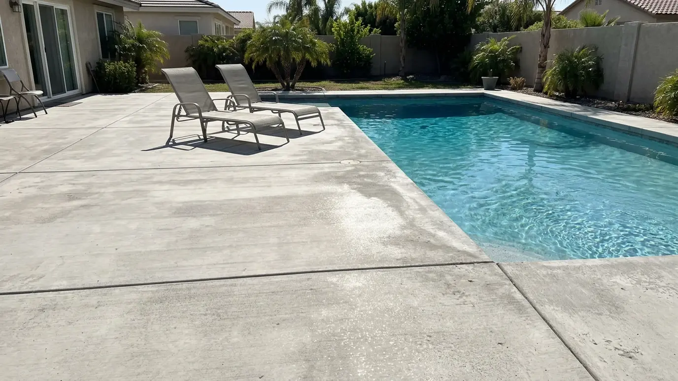 Before: a pool deck with a bare concrete pool deck with two lounge chairs in full sun