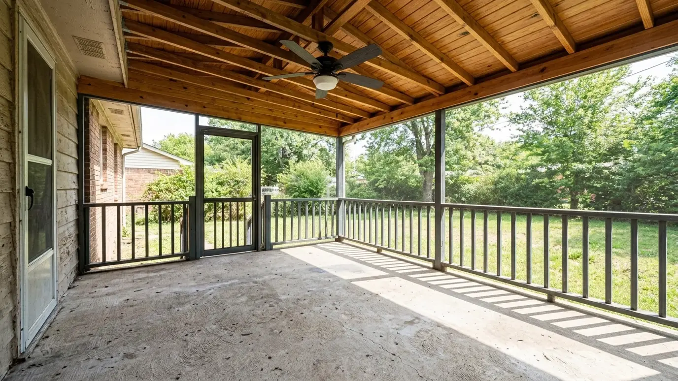 After: Open porch screened in | Music City Pergola After: a back porch with a screened porch with a timber ceiling and a fan