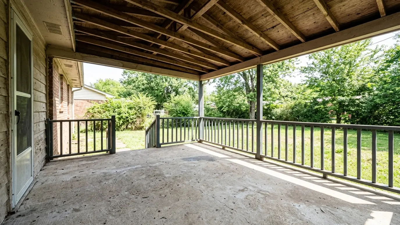 Before: a back porch with an open porch with a plain railing and a bare ceiling
