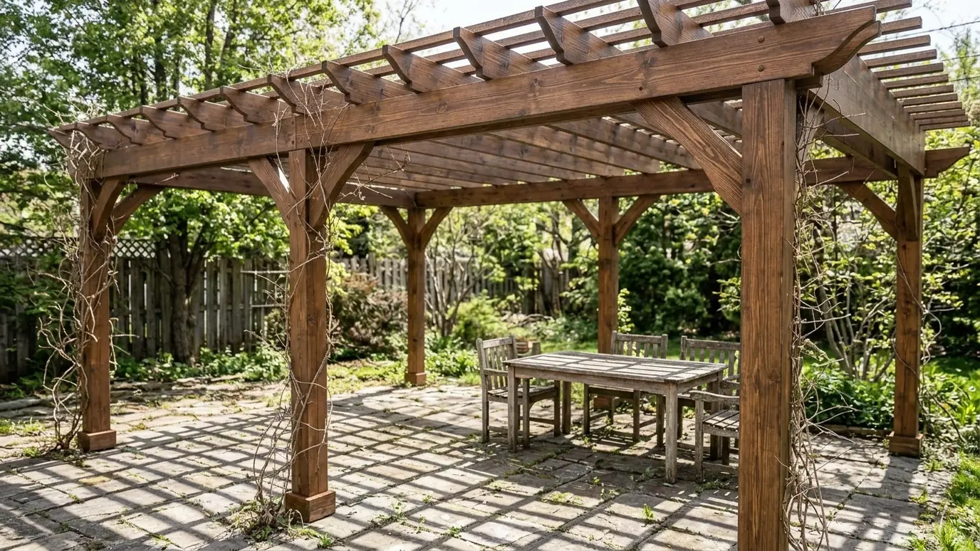 After: Weathered pergola restored | Music City Pergola After: a patio pergola with fresh rich brown stain and clean new boards
