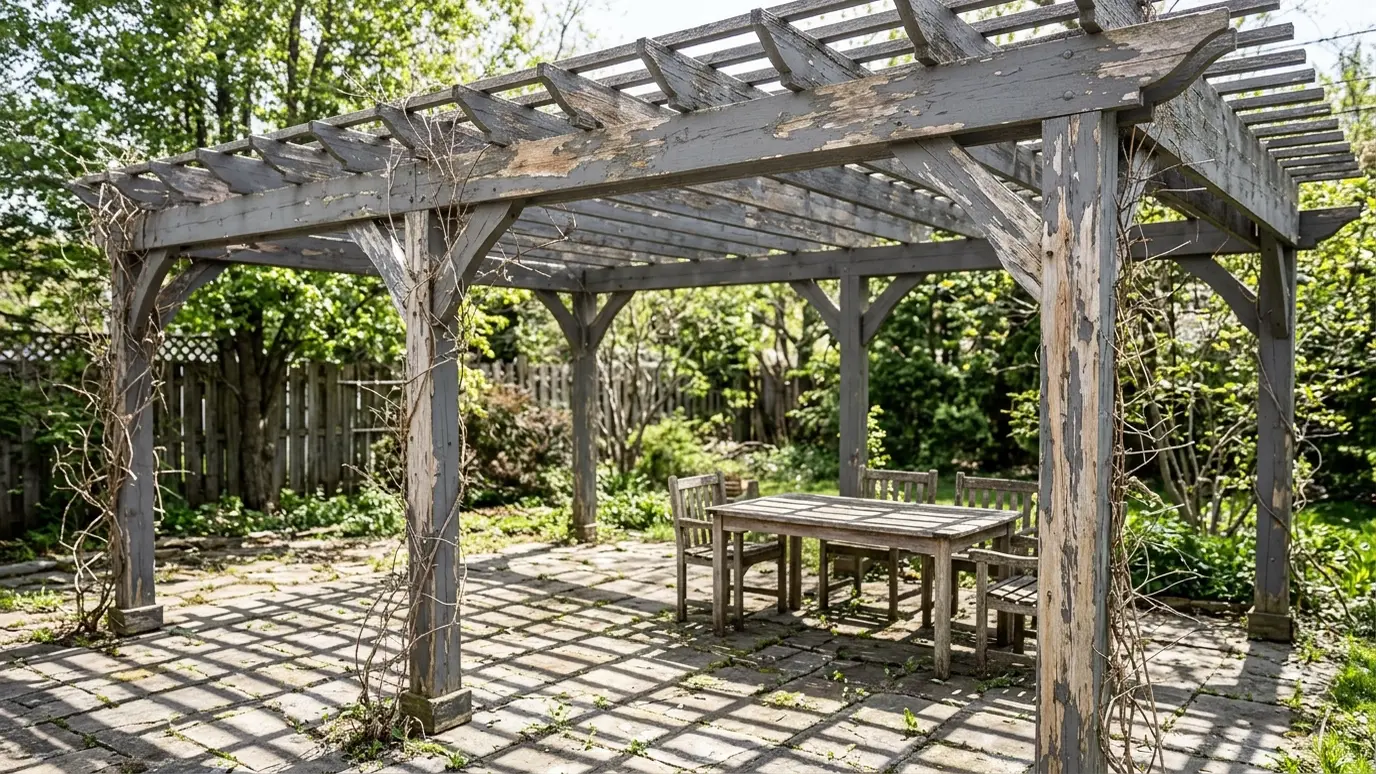 Before: a patio pergola with a weathered gray pergola with peeling stain