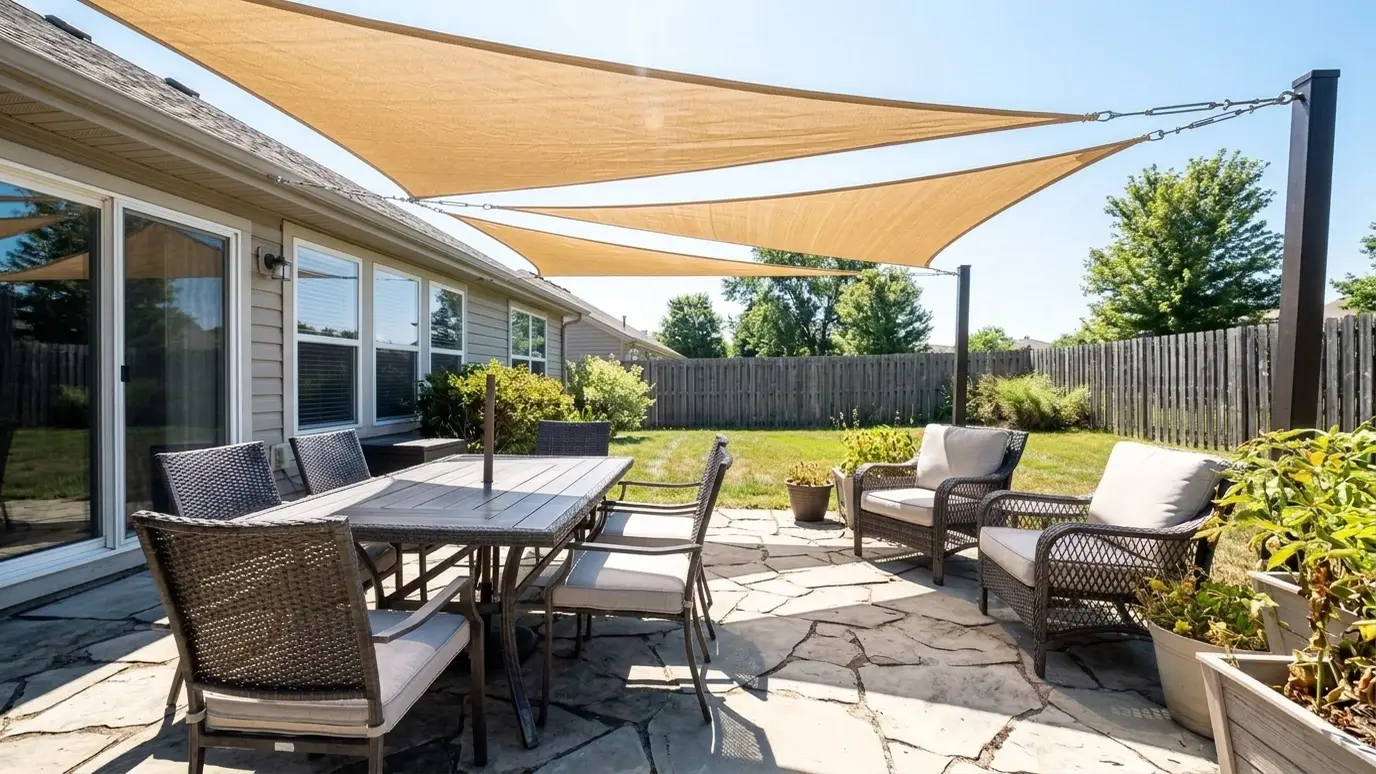 After: Sunny patio gets shade sails | Music City Pergola After: a sunny patio with large tan shade sails stretched over the patio
