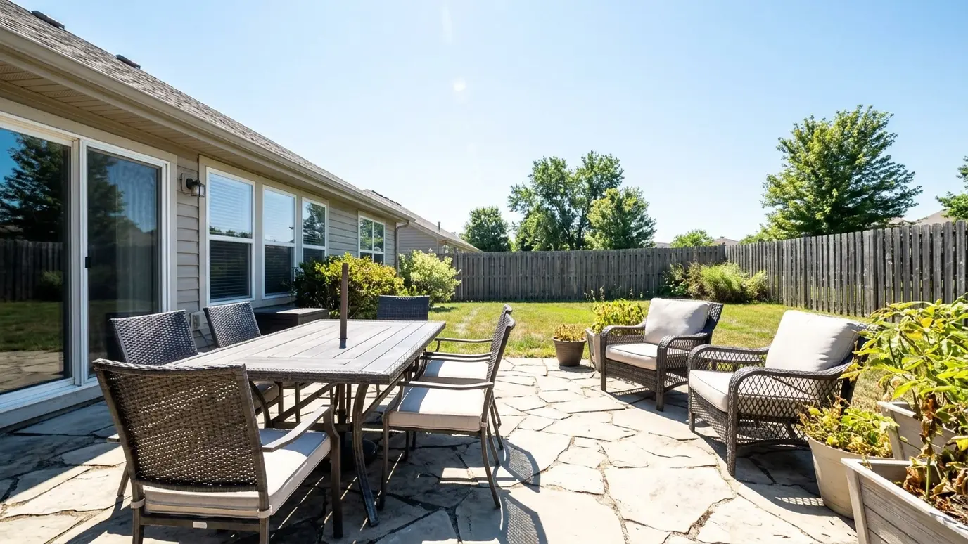 Before: a sunny patio with patio furniture in harsh sun with no cover