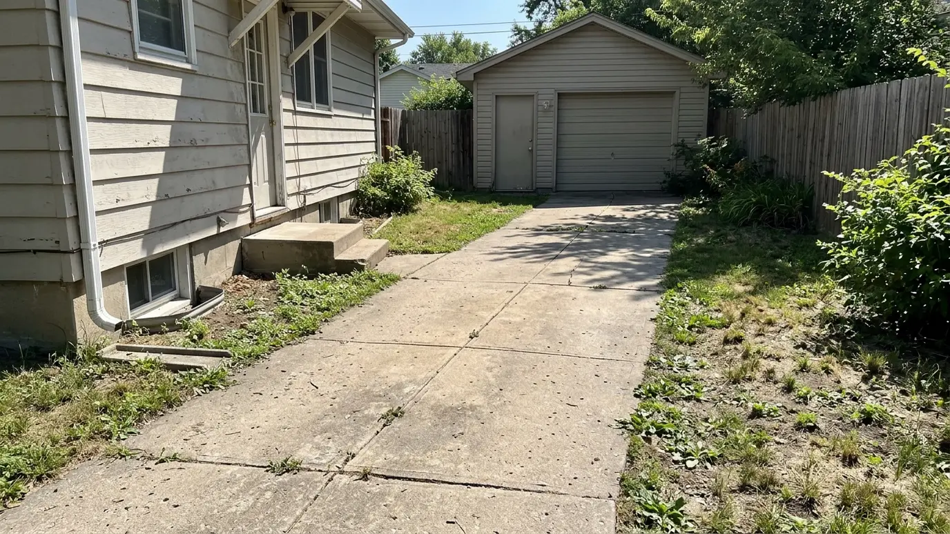 Before: a path between a house and a garage with a bare concrete path with no cover