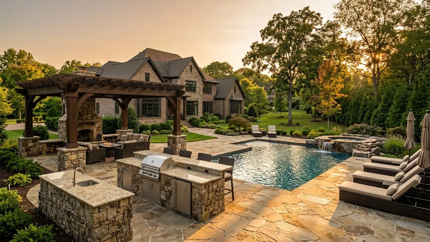 A Tennessee backyard with a pergola and outdoor living space in Brentwood
