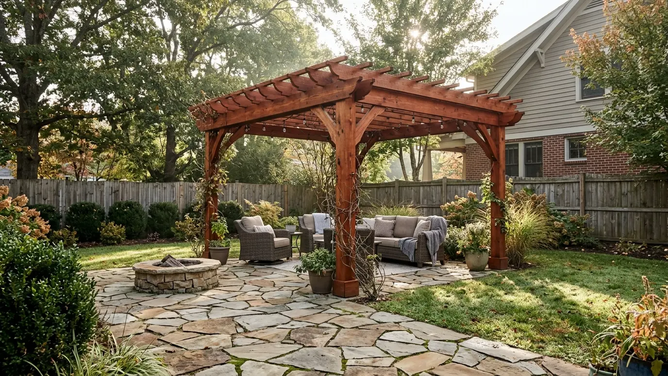 A Tennessee backyard with a pergola and outdoor living space in Franklin