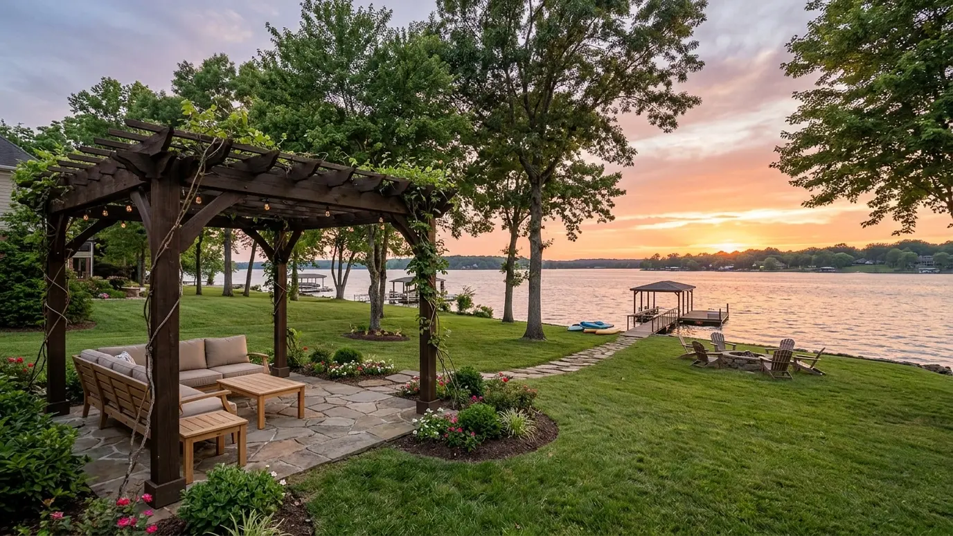 Pergola design and installation in Hendersonville, TN A Tennessee backyard with a pergola and outdoor living space in Hendersonville