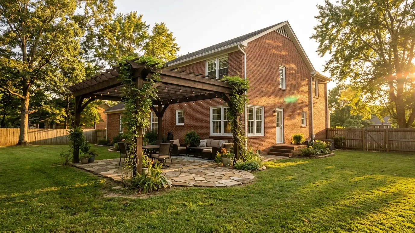 A Tennessee backyard with a pergola and outdoor living space in Lebanon
