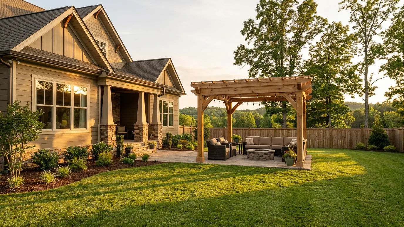 A Tennessee backyard with a pergola and outdoor living space in Nolensville