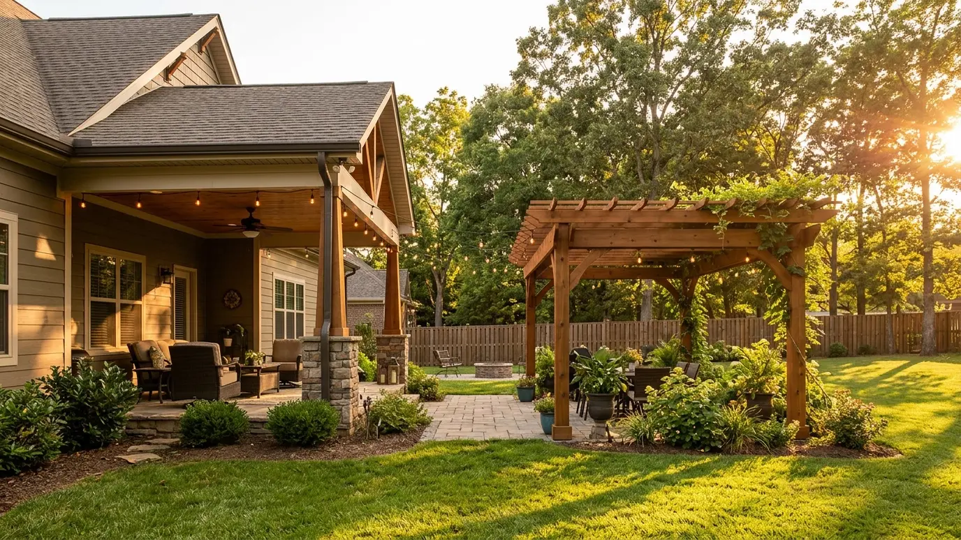 Pergola design and installation in Spring Hill, TN A Tennessee backyard with a pergola and outdoor living space in Spring Hill