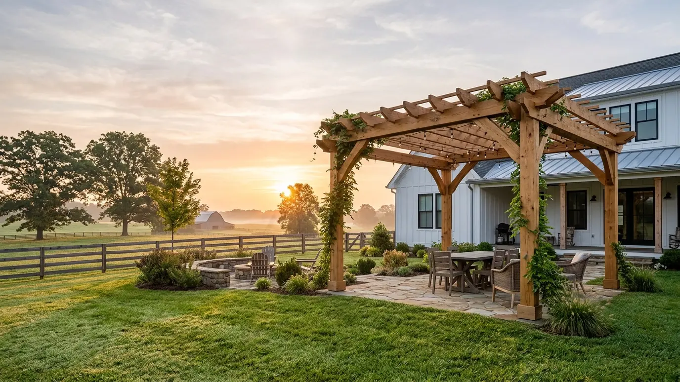 Pergola design and installation in Thompsons Station, TN A Tennessee backyard with a pergola and outdoor living space in Thompsons Station