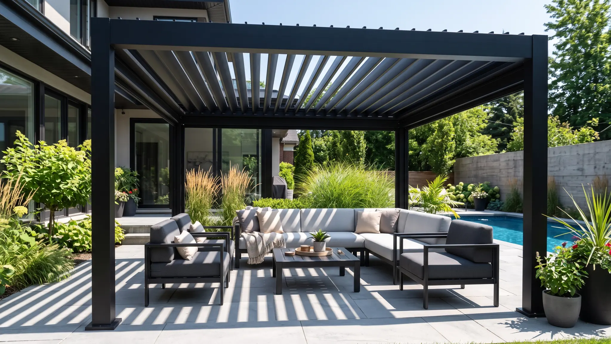 Pergola FAQ | Music City Pergola A modern black aluminum louvered pergola with open angled louvers over a lounge seating area on a clean patio on a sunny day