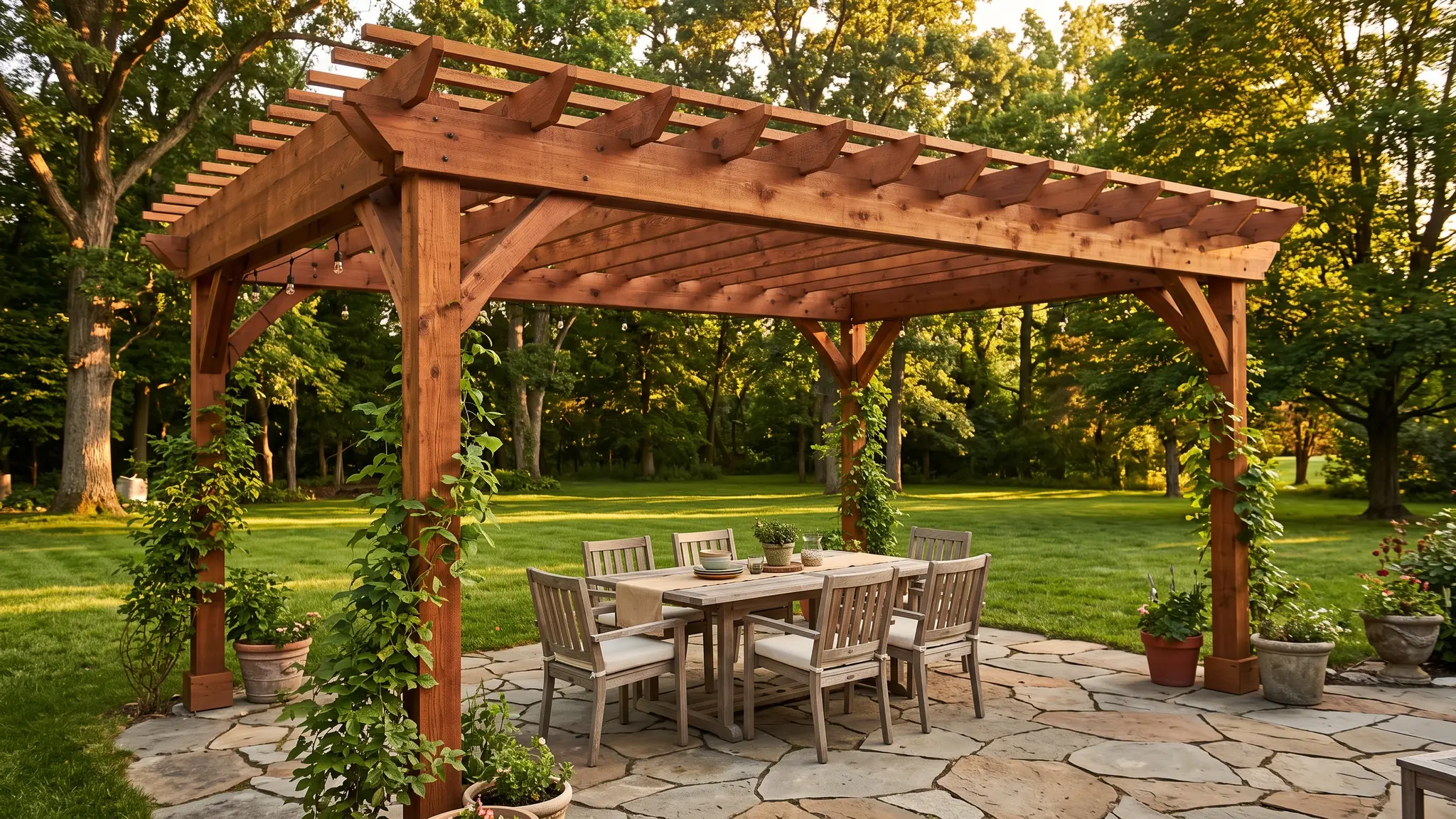 A large cedar pergola over a stone patio with a dining table and chairs at golden hour, green lawn and mature trees behind
