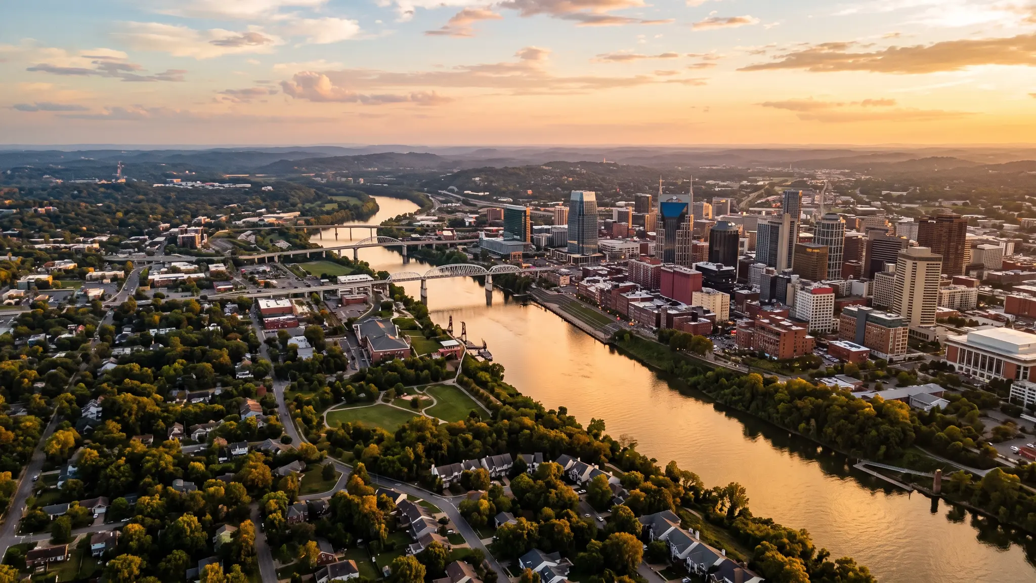 Pergola service areas in Middle Tennessee | Music City Pergola Aerial view of the Cumberland River winding past the Nashville skyline and Middle Tennessee neighborhoods at sunset