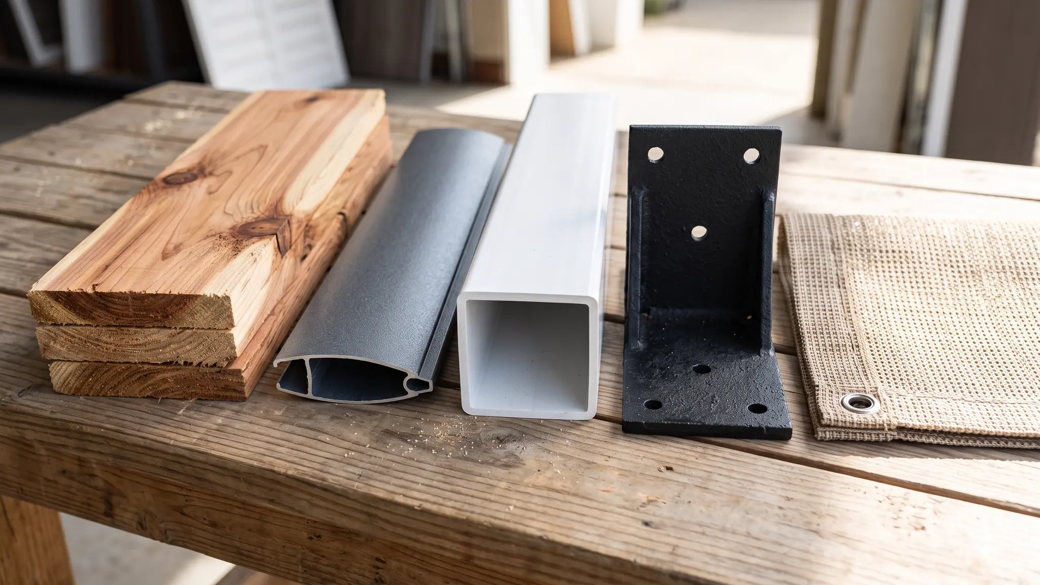 A row of pergola material samples on a table: cedar boards, an aluminum louver blade, a vinyl post, a steel bracket and a shade fabric swatch
