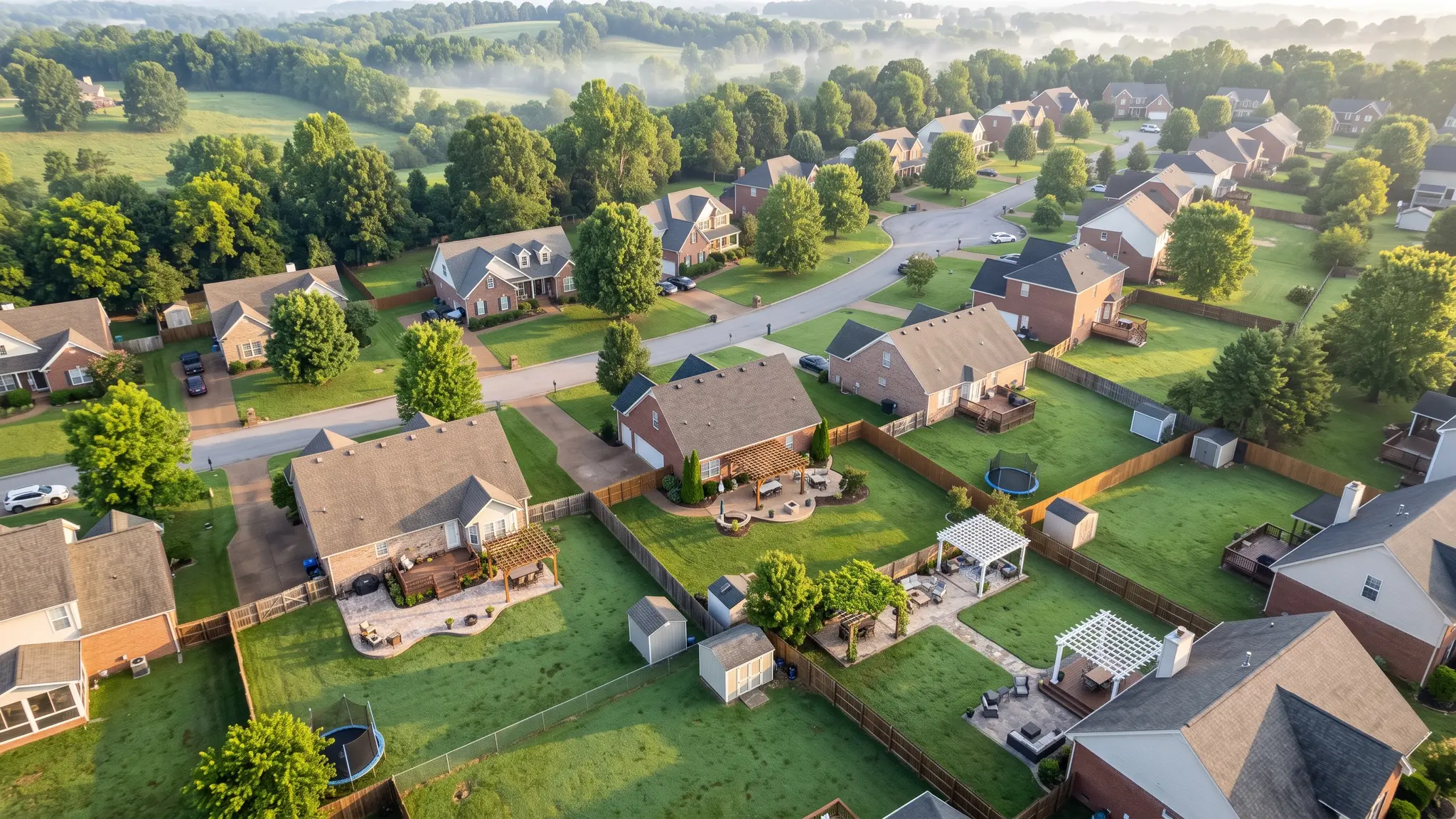 Pergola services | Music City Pergola An aerial view of a Tennessee neighborhood with backyards showing pergolas and patios in soft morning light